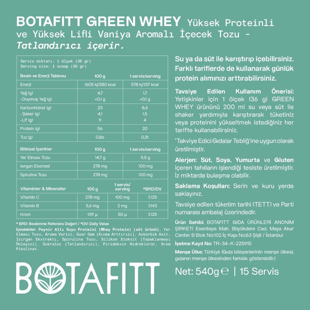 GREEN WHEY VANİLYA (Protein & Lif )
